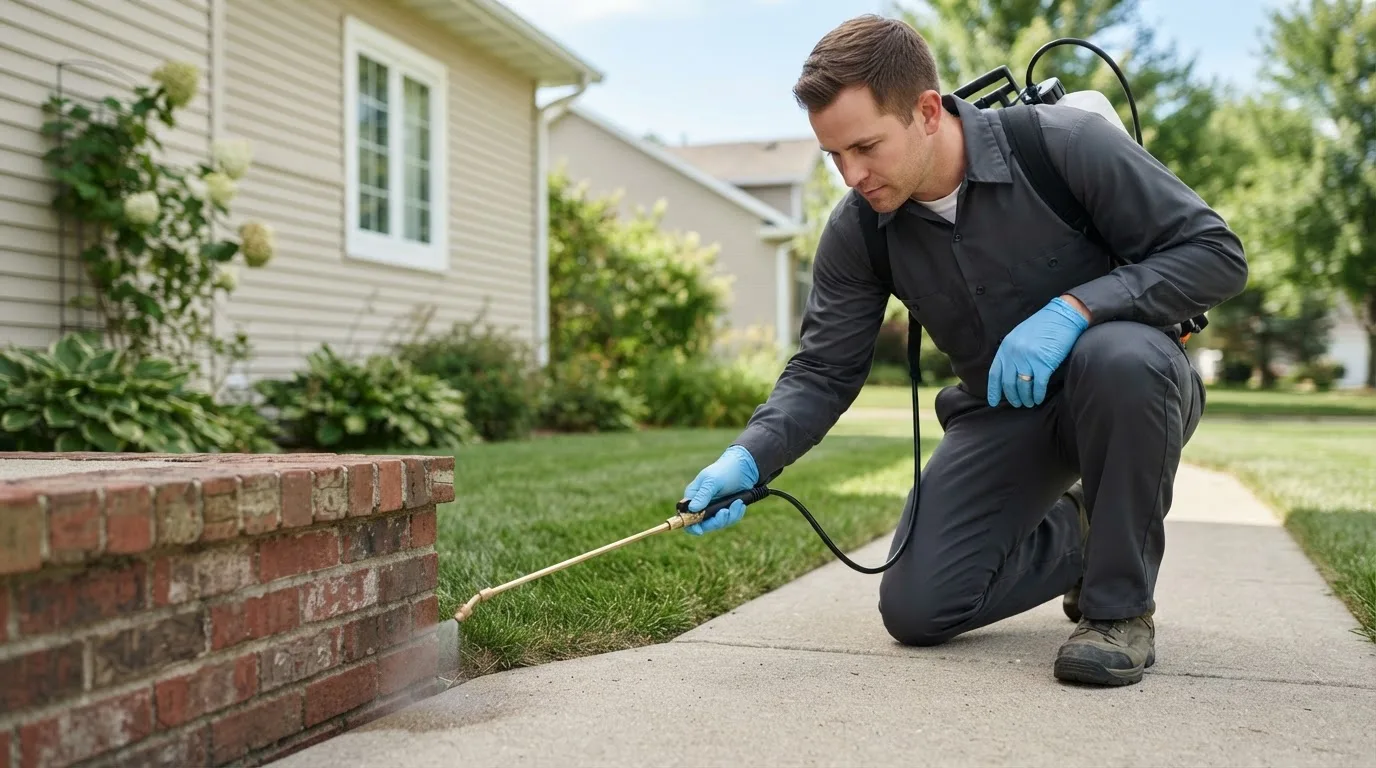 Pest control technician treating a home near Brookline, NH