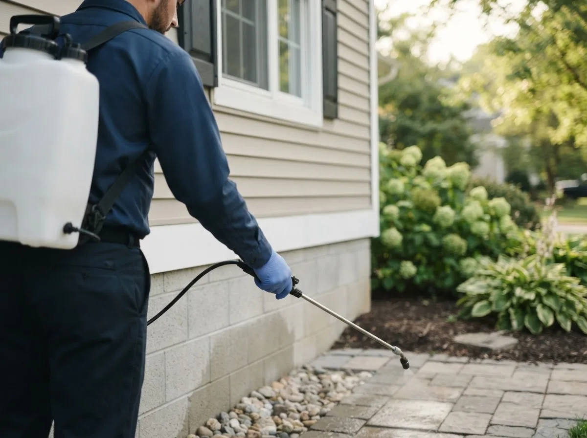 Pest control technician inspecting a home in Brookline, NH